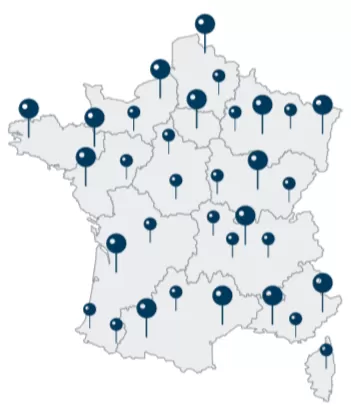 Map of France with pins on Francioli’s locations