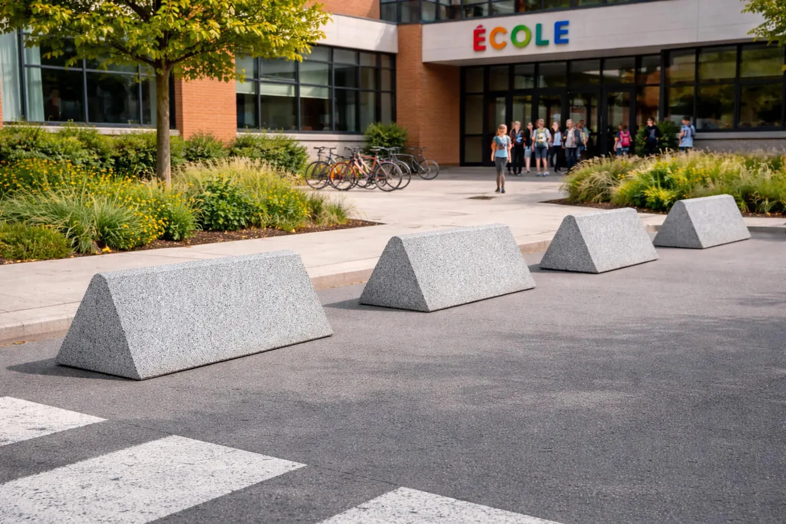 Borne béton triangulaire devant une école borne anti-stationnement réglementation Borne béton triangulaire devant une école